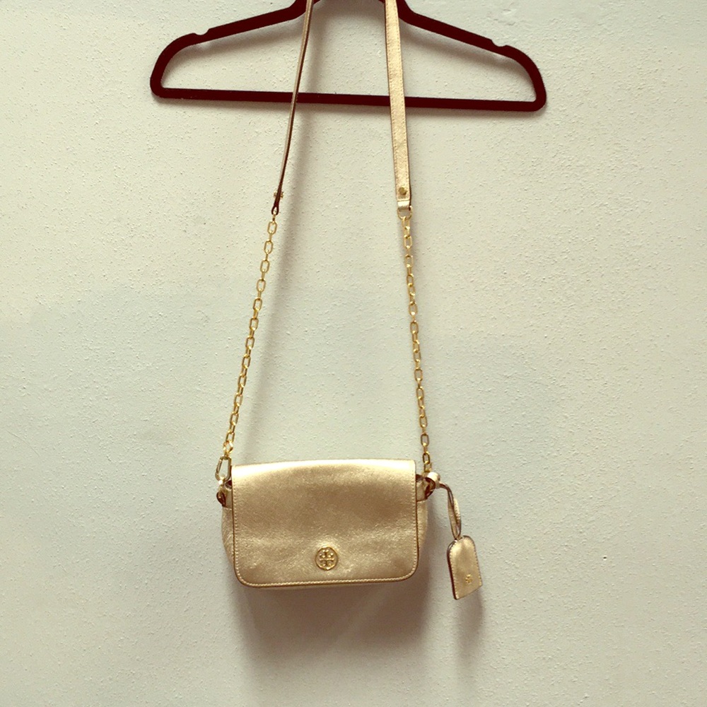 Tori Burch gold clutch & keychain from Neiman’s